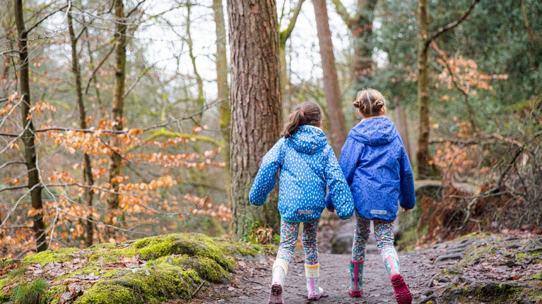 Family on a woodland walk at Hardcastle Crags, West Yorkshire